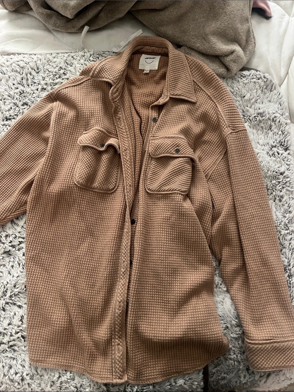aerie Women's Button-Down Waffle Knit Shirt Jacket - Light Brown